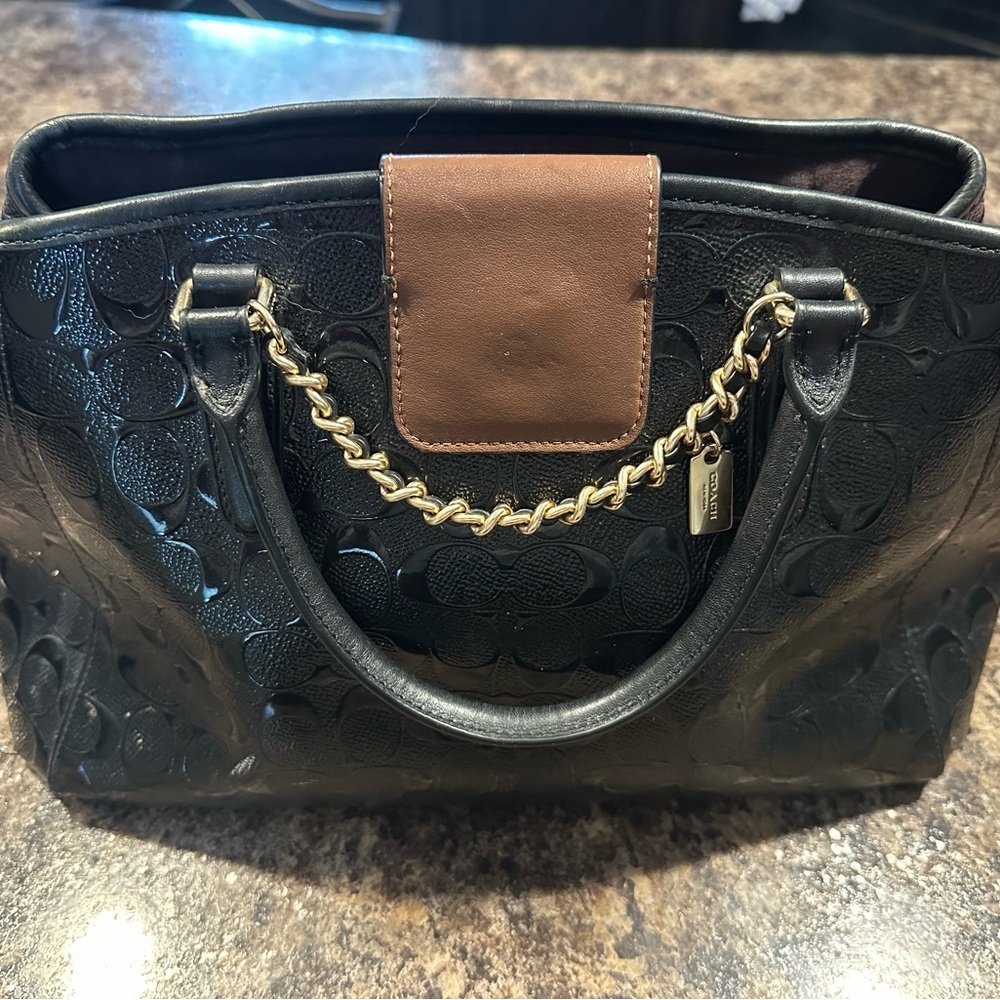 Coach Black and Brown Satchel with Gold Chain Accent